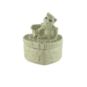 Vintage Cat Trinket Box Bisque Porcelain 80s Jewelry Holder
